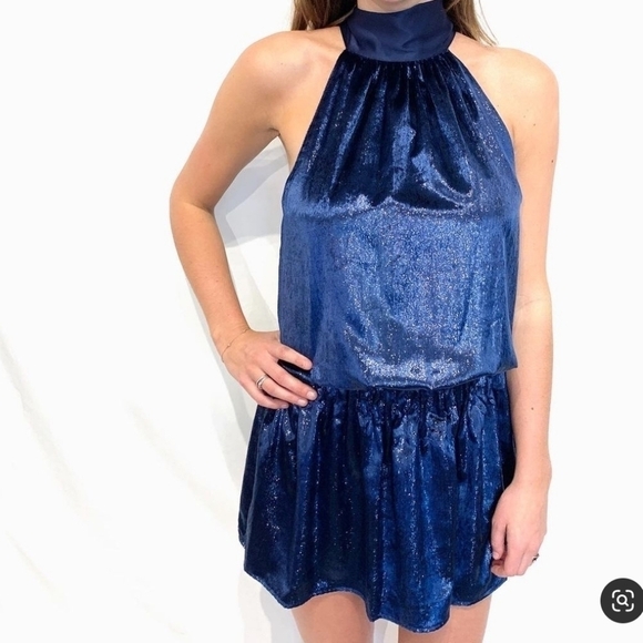 Ramy Brook Lori Metallic Velvet Blouson Navy Blue Cocktail Mini Dress NWT Large - Picture 10 of 17